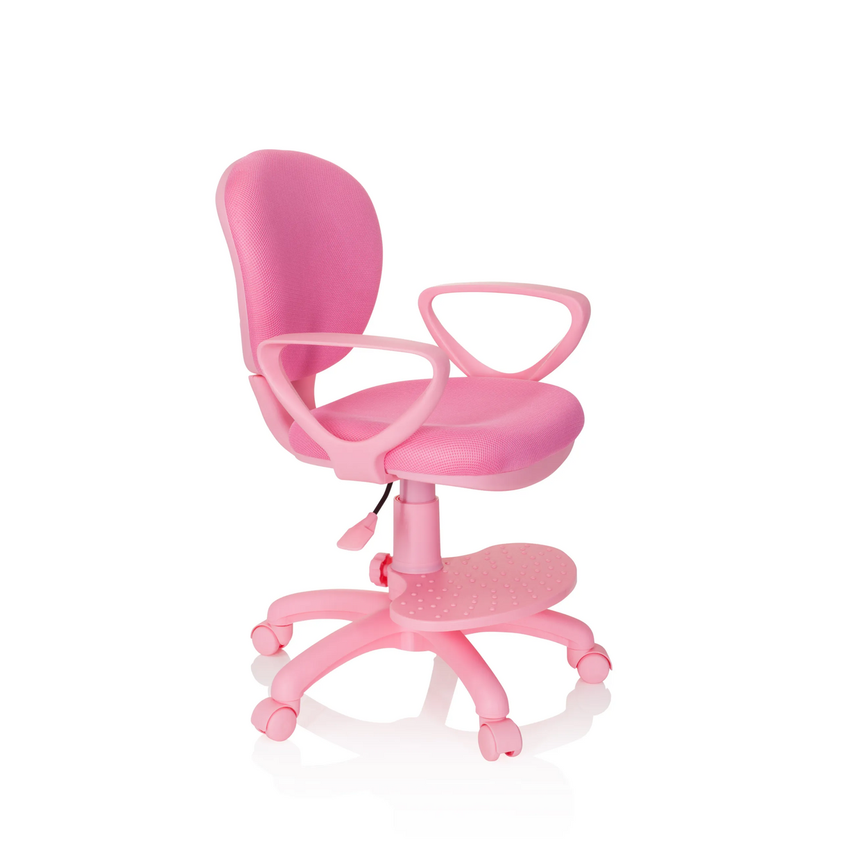 Rosa Kinderdrehstuhl KID COLOUR mit Armlehnen und Fußkreuz mit fünf Rollen von hjh OFFICE – 360-Grad-Ansicht (schräge Frontansicht 60°)