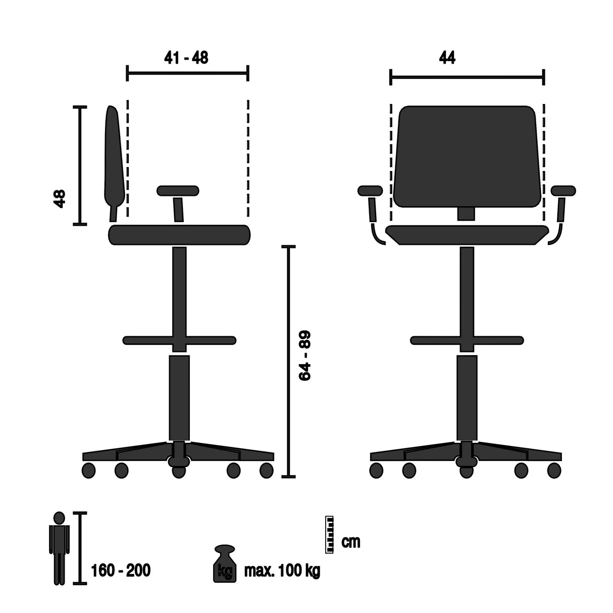 Technische Zeichnung des Counterstuhls TOP WORK STYLE mit einer Sitzhöhe von 64–89 cm von hjh OFFICE