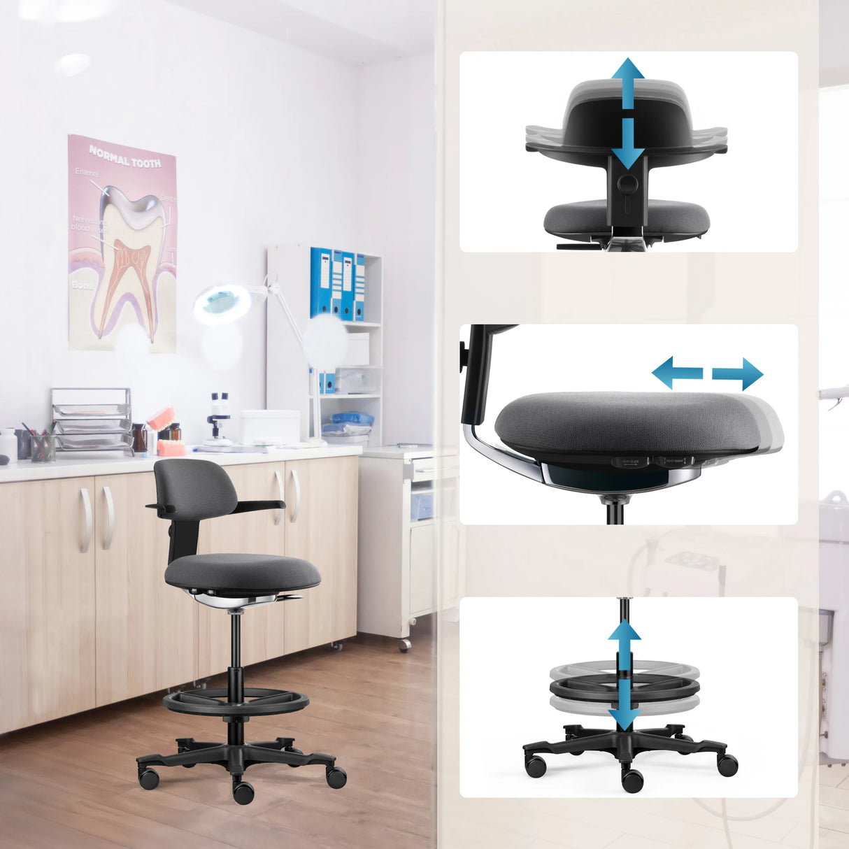 Höhenverstellbare Armlehne und Sitzfläche des Arbeitsstuhls TOP WORK 40 in Dunkelgrau mit Fußring von hjh OFFICE