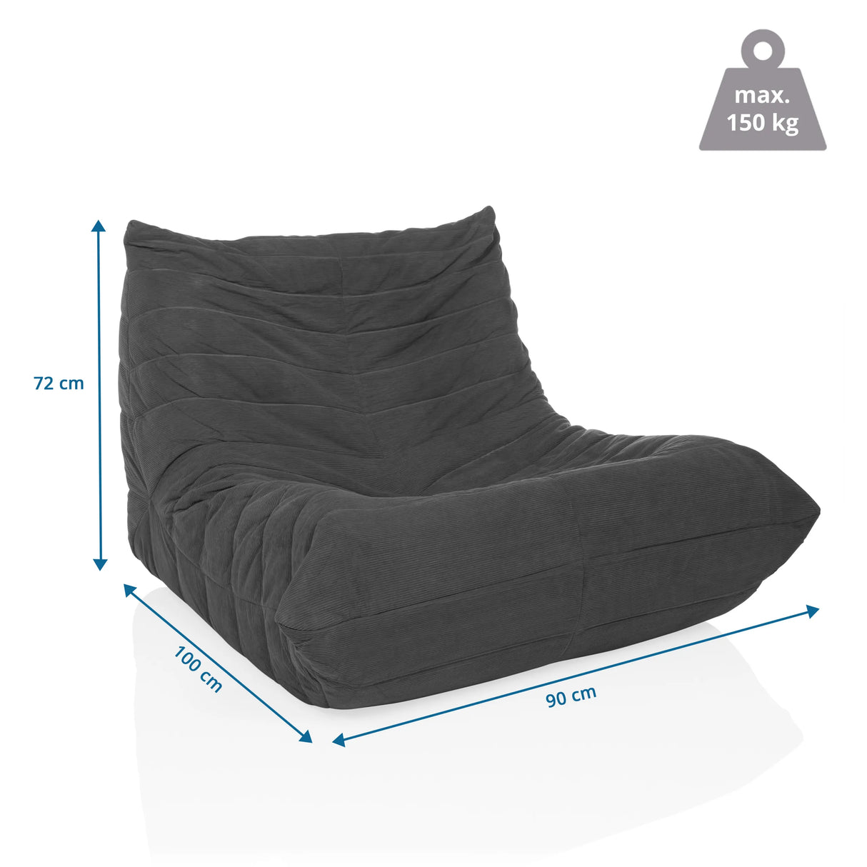 Maßansicht des Loungesessels Sitzolo mit 100 × 90 cm und einer Belastbarkeit von 150 kg von hjh LIVING