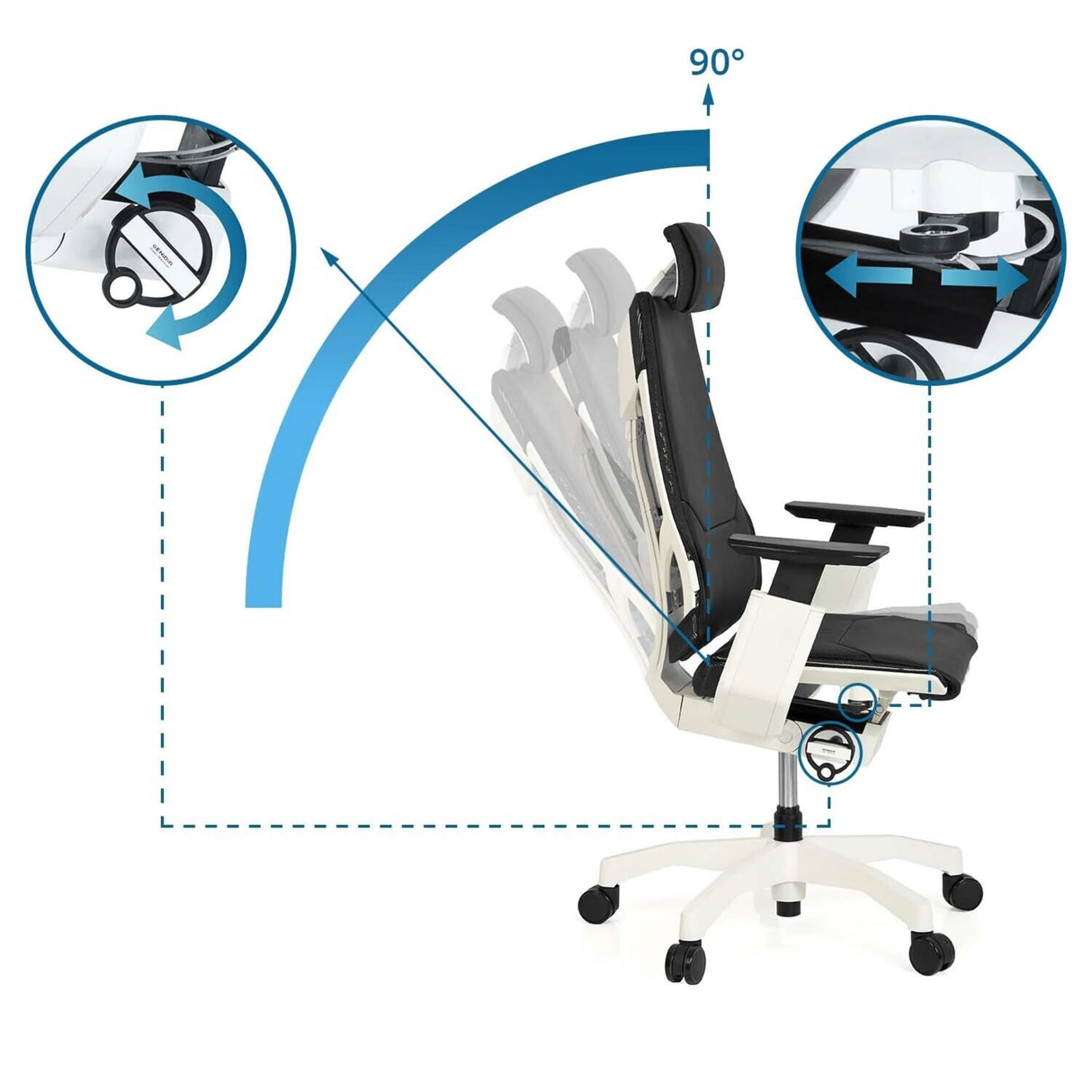 Verstellbare Rückenlehne mit 90°-Position des High-End-Bürostuhls GENIDIA PRO WHITE von hjh OFFICE