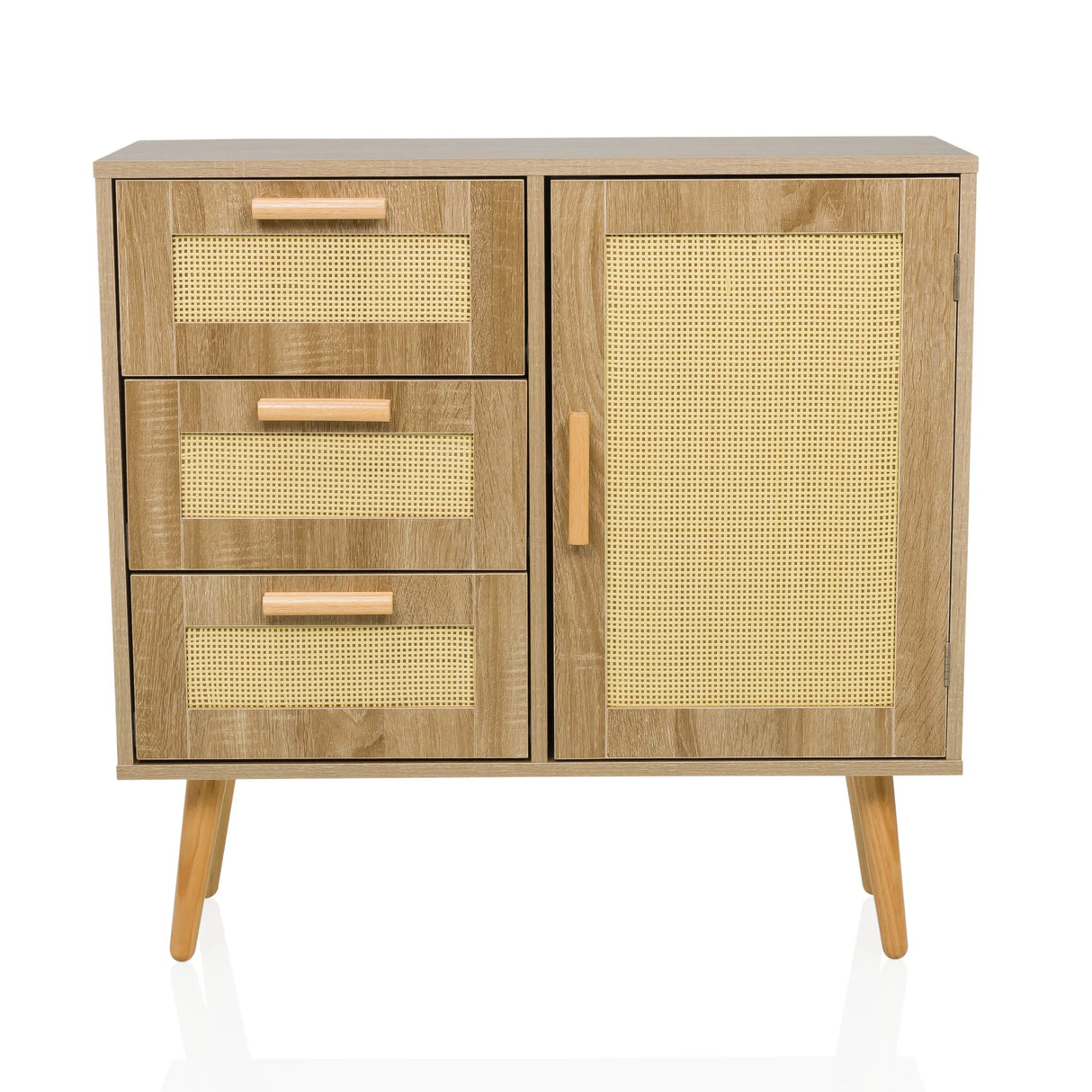 Hellbraunes Sideboard STRYN mit drei Schubladen, einer Tür und Wiener Geflecht von hjh LIVING – 360-Grad-Ansicht (Frontansicht 0°)