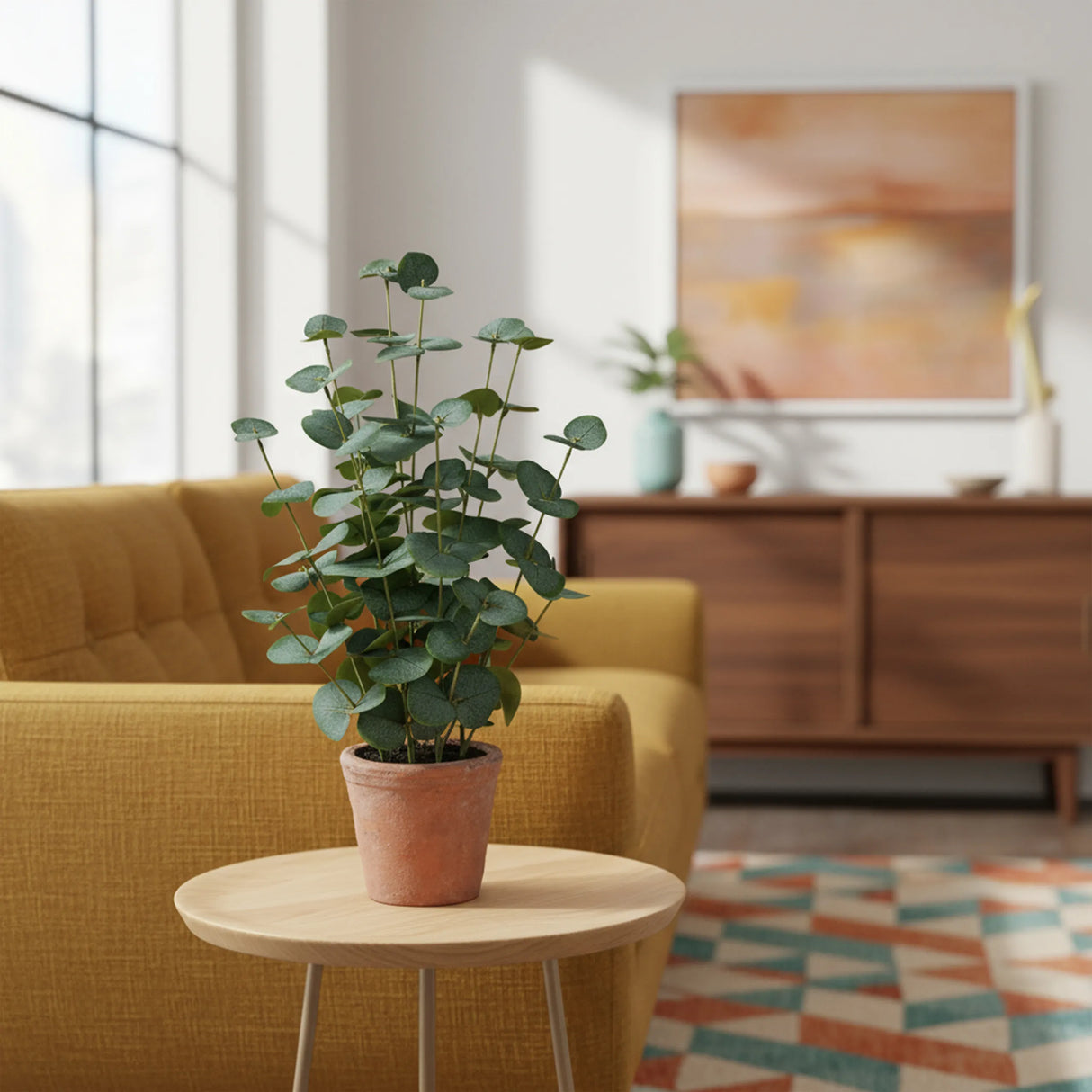 Grüne Kunstpflanze Eucalyptus in einem terrakottafarbenen Topf auf einem Beistelltisch von hjh OFFICE