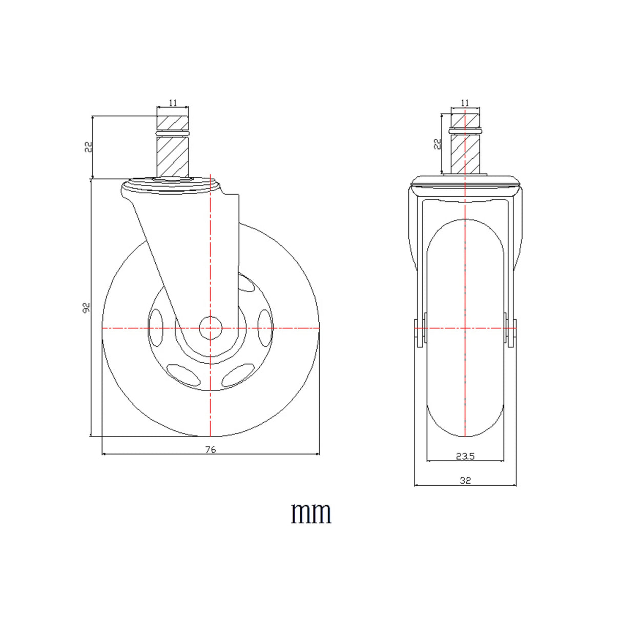 Technische Zeichnung einer Stuhlrolle 5x ROLO SKATE CT 11mm/75mm mit einem Durchmesser von 76 mm von hjh OFFICE