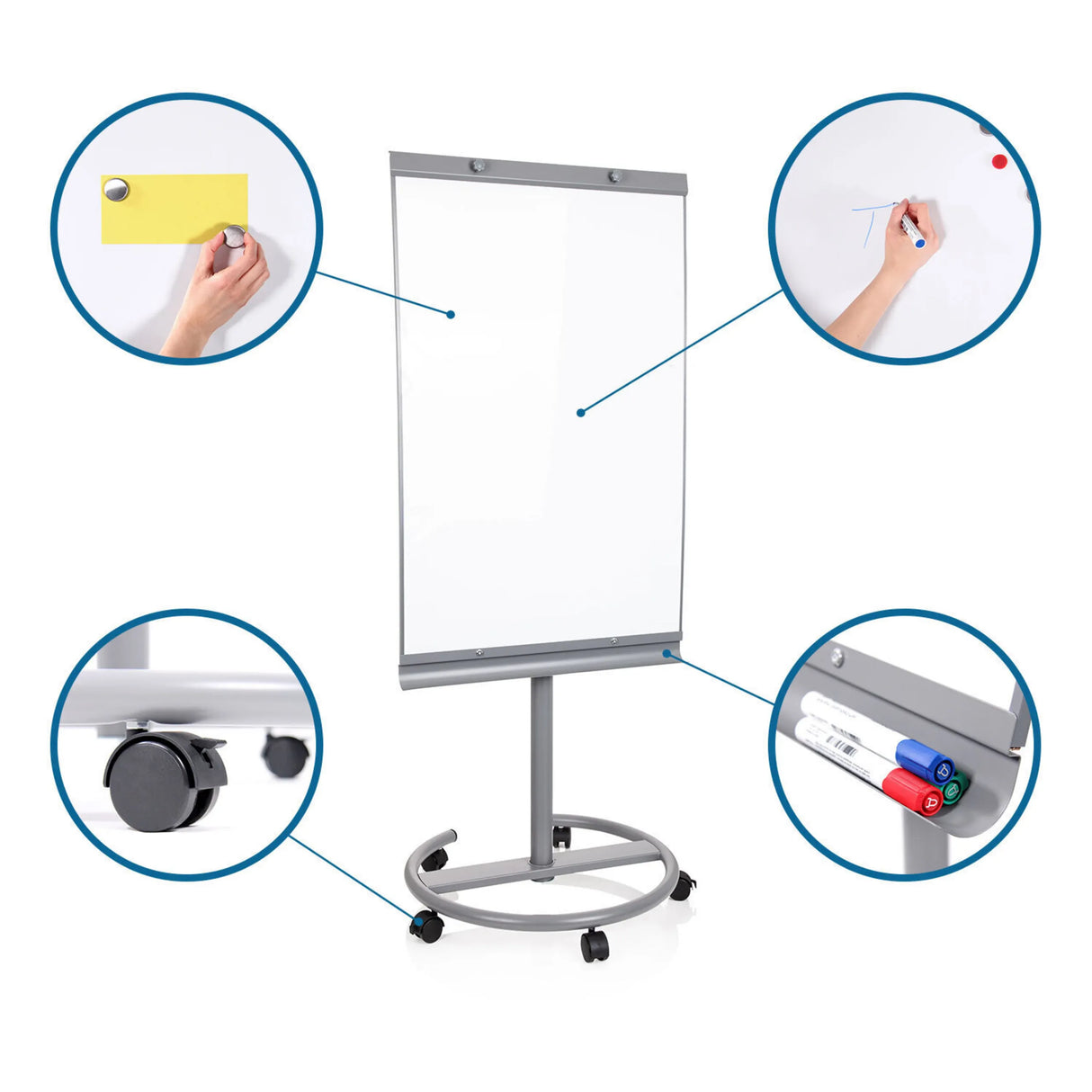 Whiteboard MULTIBOARD in Silber mit Rollen, Markerablage und einer weißen Schreibfläche von hjh OFFICE