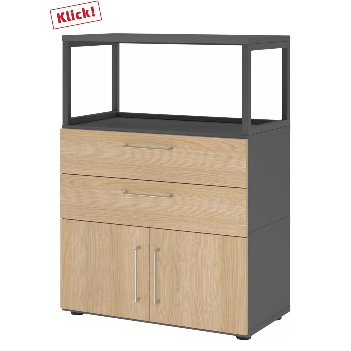 Unterschrank FlexWall in Graphit und Eiche mit zwei Schubladen, Türen und Aufsatzrahmen von hjh OFFICE PRO