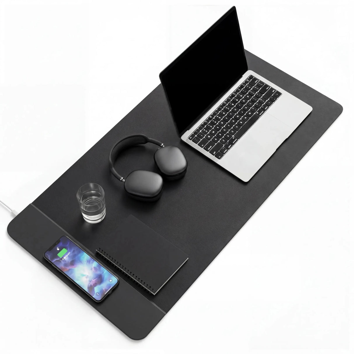 Schreibunterlage Padflux Power in Schwarz mit Laptop, Kopfhörern und Notizbuch von hjh OFFICE