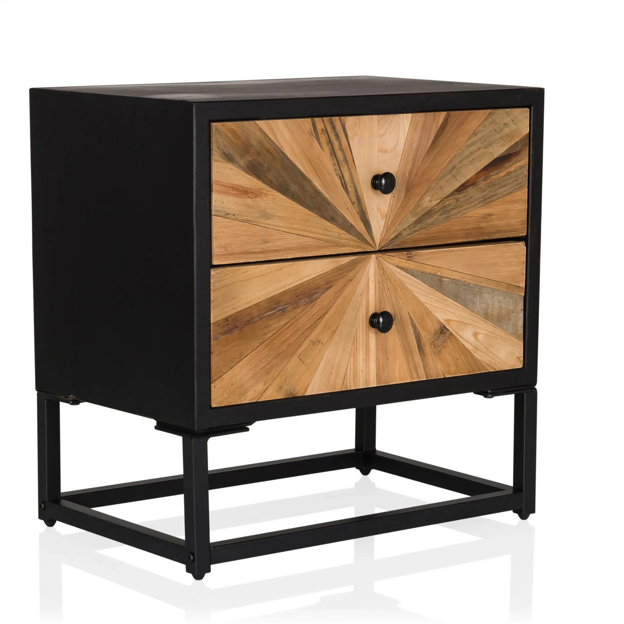 Sideboard SANTJAGO BLACK SUN S mit schwarzem Rahmen und zwei holzfarbenen Schubladen im Sonnenstrahlen-Design von hjh LIVING