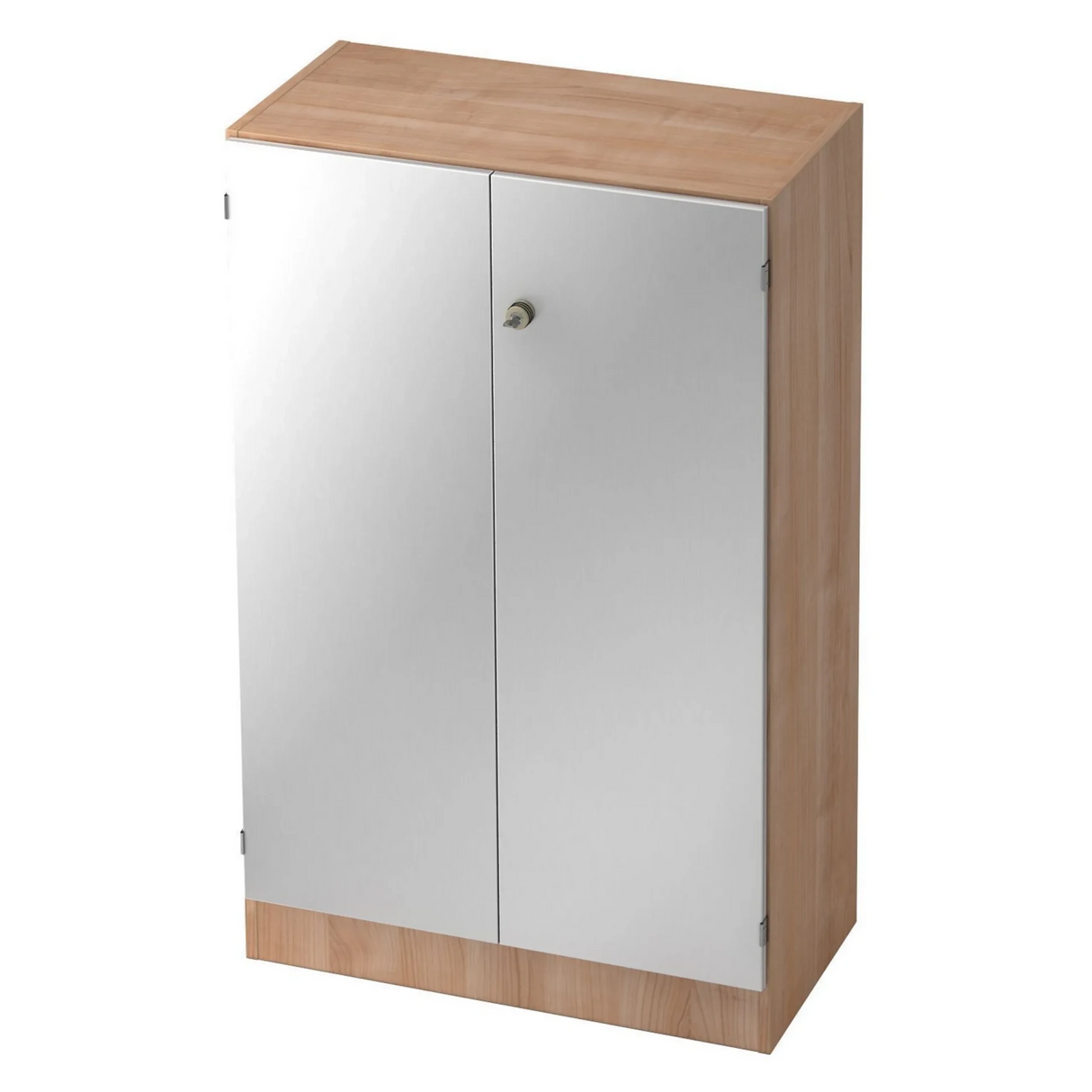 Aktenschrank SIGNA K 6550 SG in Nussbaum-Optik mit zwei silbernen Türen und Schloss von hjh OFFICE PRO