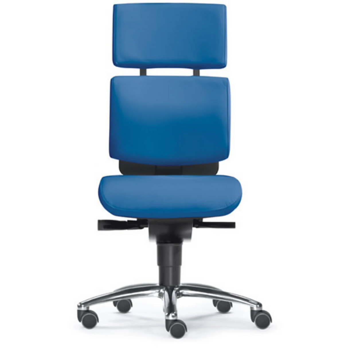 High-End-Bürostuhl ZERO 52 in Blau mit Kopfstütze und poliertem Fußkreuz von Sitwell Steifensand