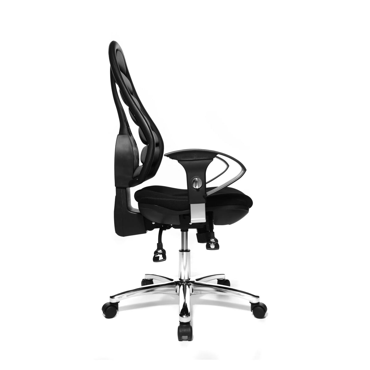 Seitenansicht des Profi-Bürostuhls Flex Point SY Deluxe in Schwarz mit verchromtem Fußkreuz von Topstar