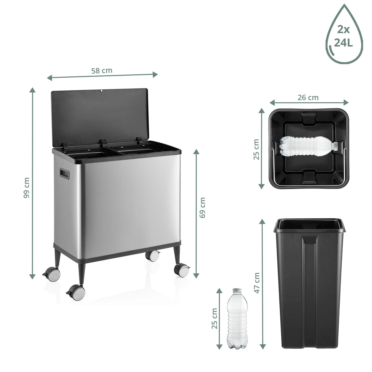 Maßzeichnung des Mülleimers Clean Mobile in Silber mit 99 x 58 cm und zwei 24-Liter-Behältern von hjh OFFICE