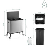 Maßzeichnung des Mülleimers Clean Mobile in Silber mit 99 x 58 cm und zwei 24-Liter-Behältern von hjh OFFICE