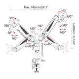 Technische Zeichnung der Monitorhalterung VM-MG2S mit einer maximalen Breite von 745 mm von hjh OFFICE