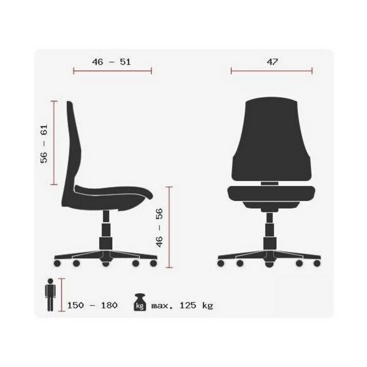 Technische Zeichnung des Profi-Bürostuhls ZERO 12 mit einer maximalen Belastbarkeit von 125 kg von Sitwell Steifensand
