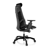 Schwarzer High-End-Bürostuhl GENIDIA BLACK mit Stoffbezug und Fußkreuz mit fünf Rollen von hjh OFFICE – 360-Grad-Ansicht (schräge Rückenansicht 120°)