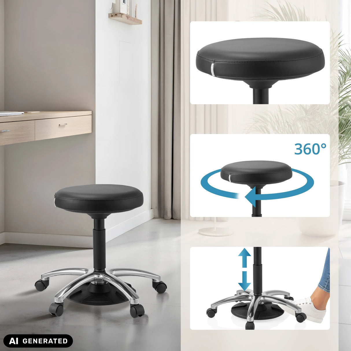 Höhenverstellbarer Drehhocker Operator Step mit 360-Grad-Drehfunktion und Rollen von hjh OFFICE (KI-generiertes Bild)