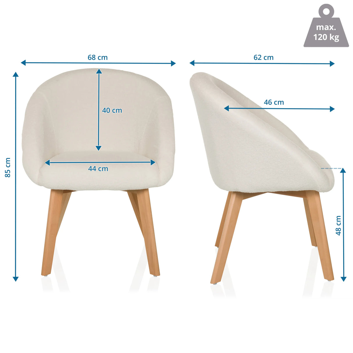 Maßzeichnung des Polsterstuhls SCANDI TED mit einer Breite von 68 cm und Höhe von 85 cm von hjh LIVING