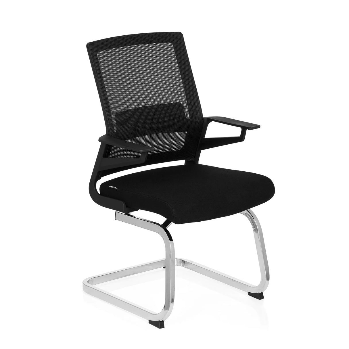 Schwarzer Freischwinger INVENTOR V mit Netzrücken, Armlehnen und Kufengestell von hjh OFFICE – 360-Grad-Ansicht (schräge Frontansicht 40°)