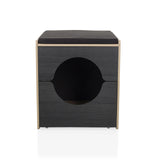 Schwarzes Katzenhaus KITTY PAWBOX 2 mit runder Öffnung und Details in Eichenoptik von hjh LIVING – 360-Grad-Ansicht (Frontansicht 0°)