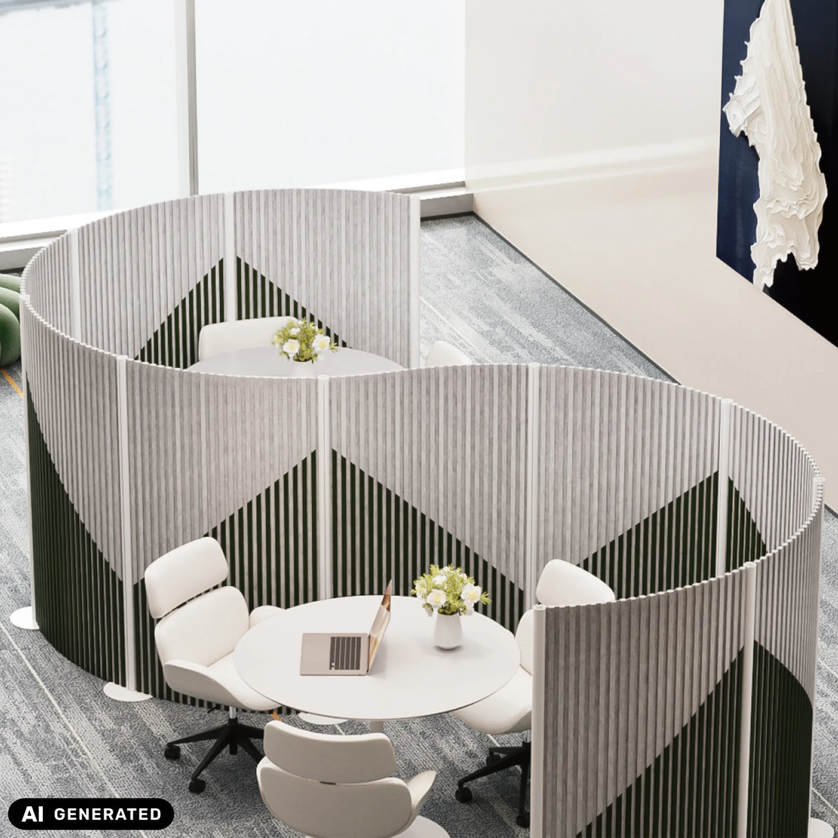 Graue Sicht- und Schallschutz-Trennwände Flexmiut Wave mit geometrischem Muster von hjh OFFICE (KI-generiertes Bild)