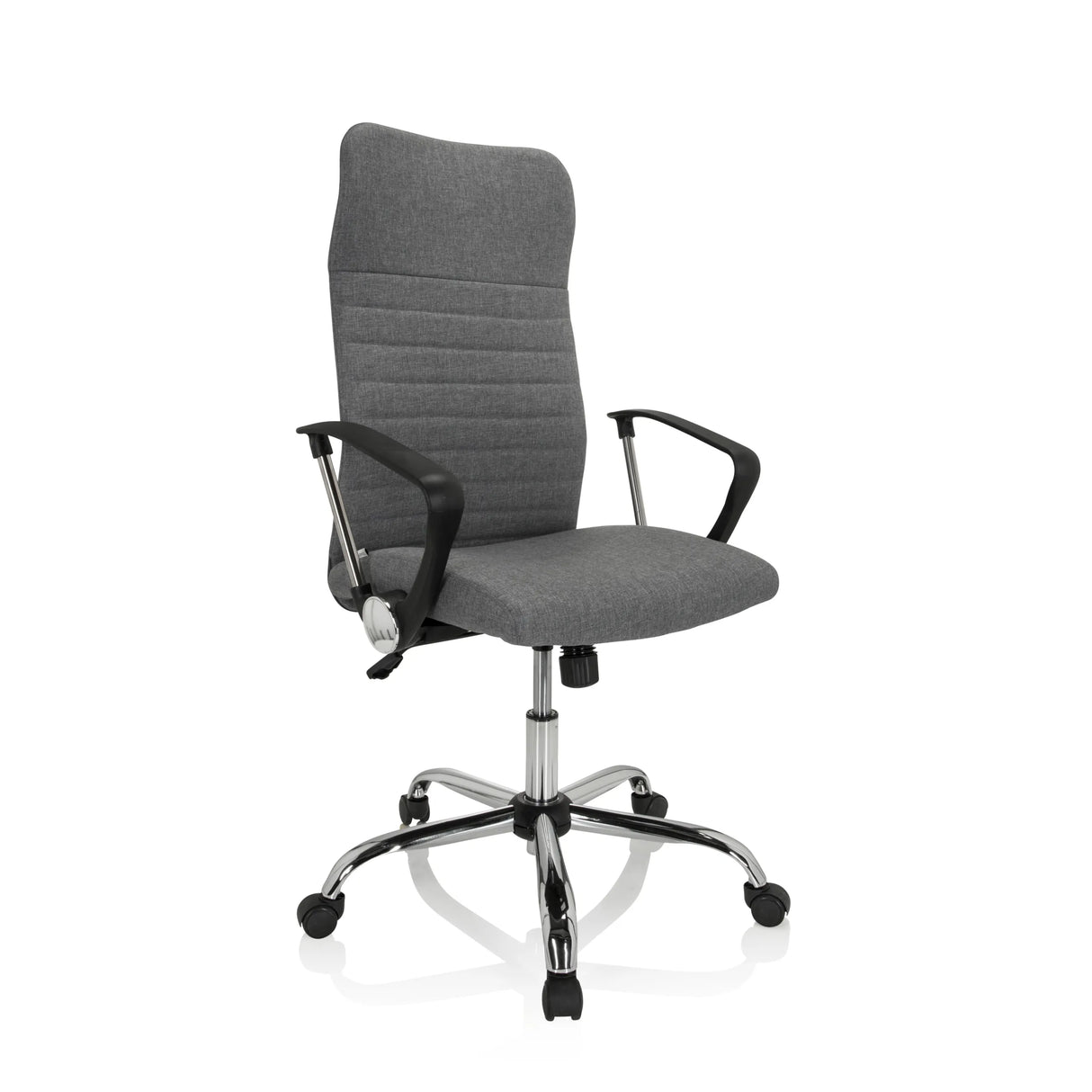 Grauer Homeoffice-Bürostuhl ARTON 40 mit Armlehnen und glänzendem Fußkreuz mit fünf Rollen von hjh OFFICE – 360-Grad-Ansicht (schräge Frontansicht 40°)