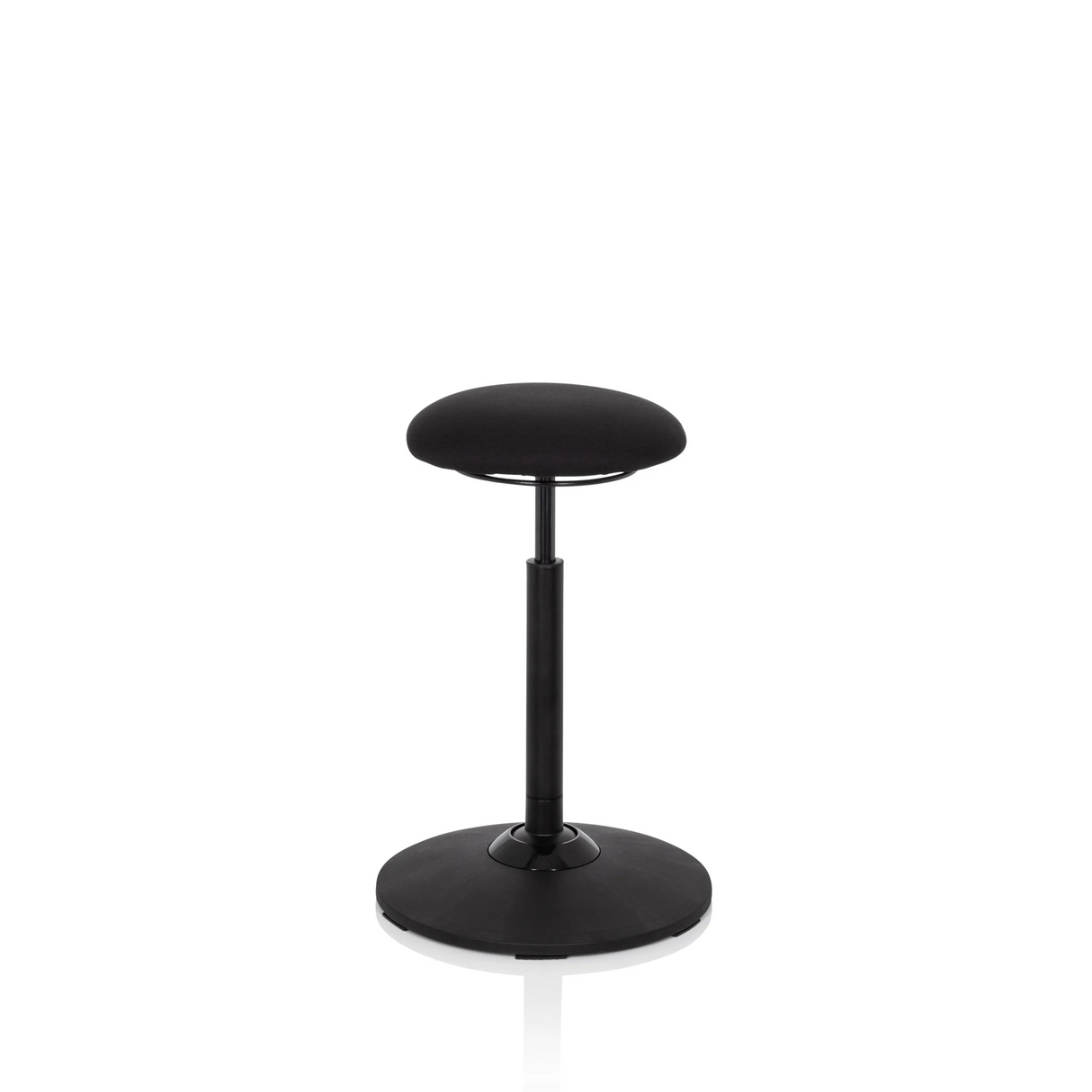 Schwarze Stehhilfe BALANCE SIT mit rundem Sitzpolster und kreisförmigem Standfuß von hjh OFFICE – 360-Grad-Ansicht (Frontansicht 0°)