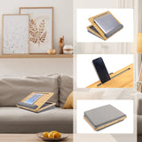 Laptopunterlagen COMFILAP III aus braunem Holz mit grauem Polster und Smartphone-Halterung von hjh OFFICE