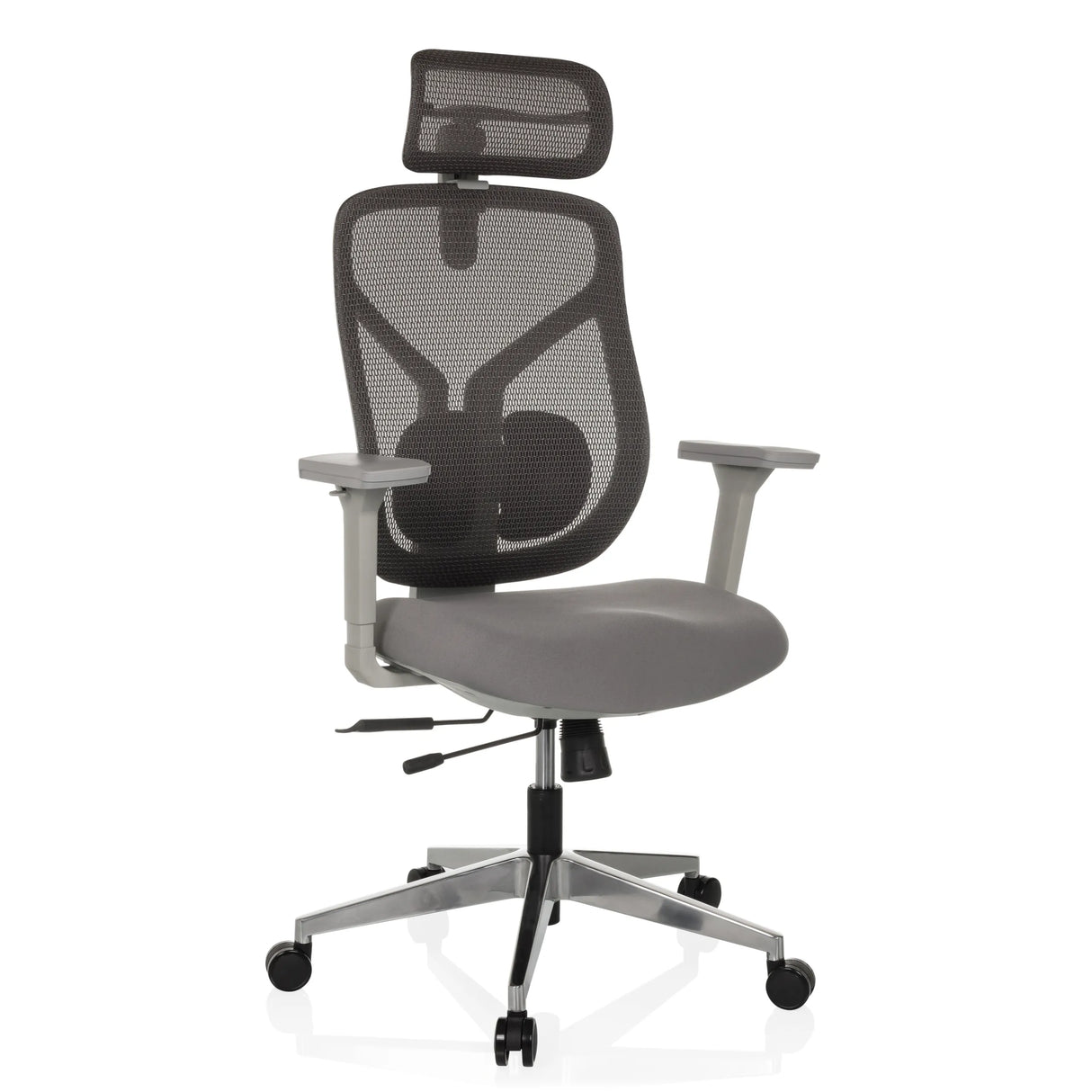 Grauer High-End-Bürostuhl CASSILIS W mit Netzrücken und Fußkreuz mit fünf Rollen von hjh OFFICE – 360-Grad-Ansicht (schräge Frontansicht 30°)