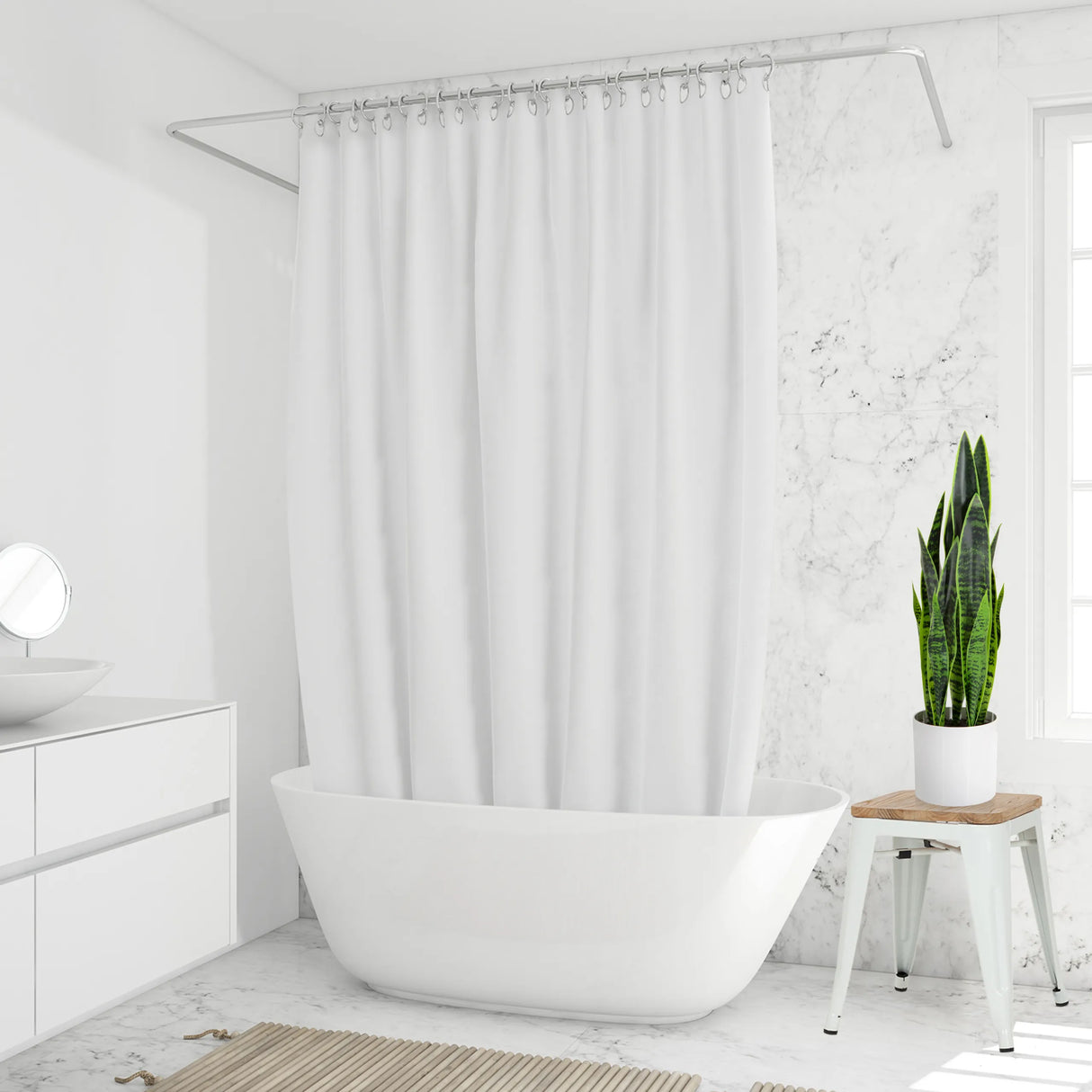 Grüne Kunstpflanze SANSEVIERIA in einem weißen Topf auf einem kleinen Hocker von hjh OFFICE