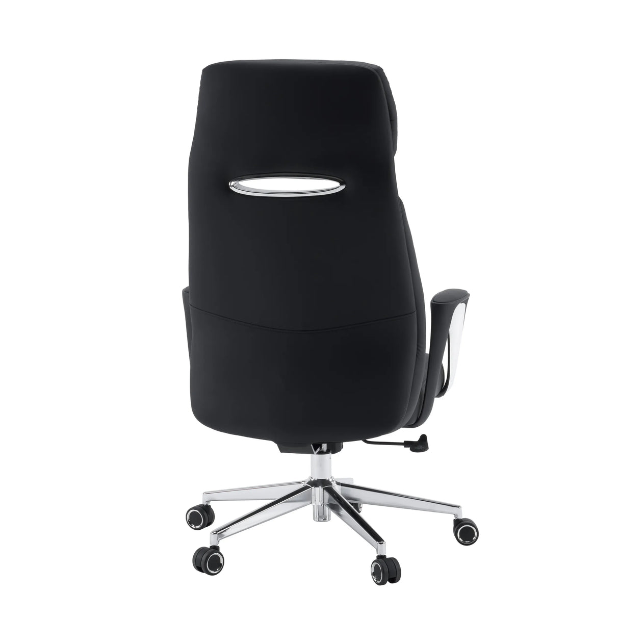Rückansicht des Profi-Chefsessels VELVET ECO in Schwarz mit Chromgestell und Teppichbodenrollen von hjh OFFICE