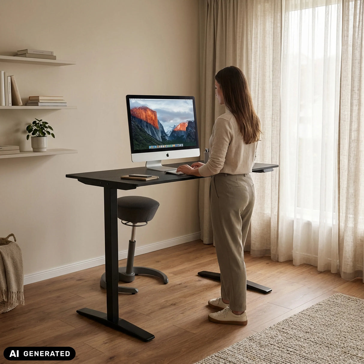 Elektrisch höhenverstellbarer Schreibtisch STAND CARBON in Schwarz von hjh OFFICE (KI-generiertes Bild)