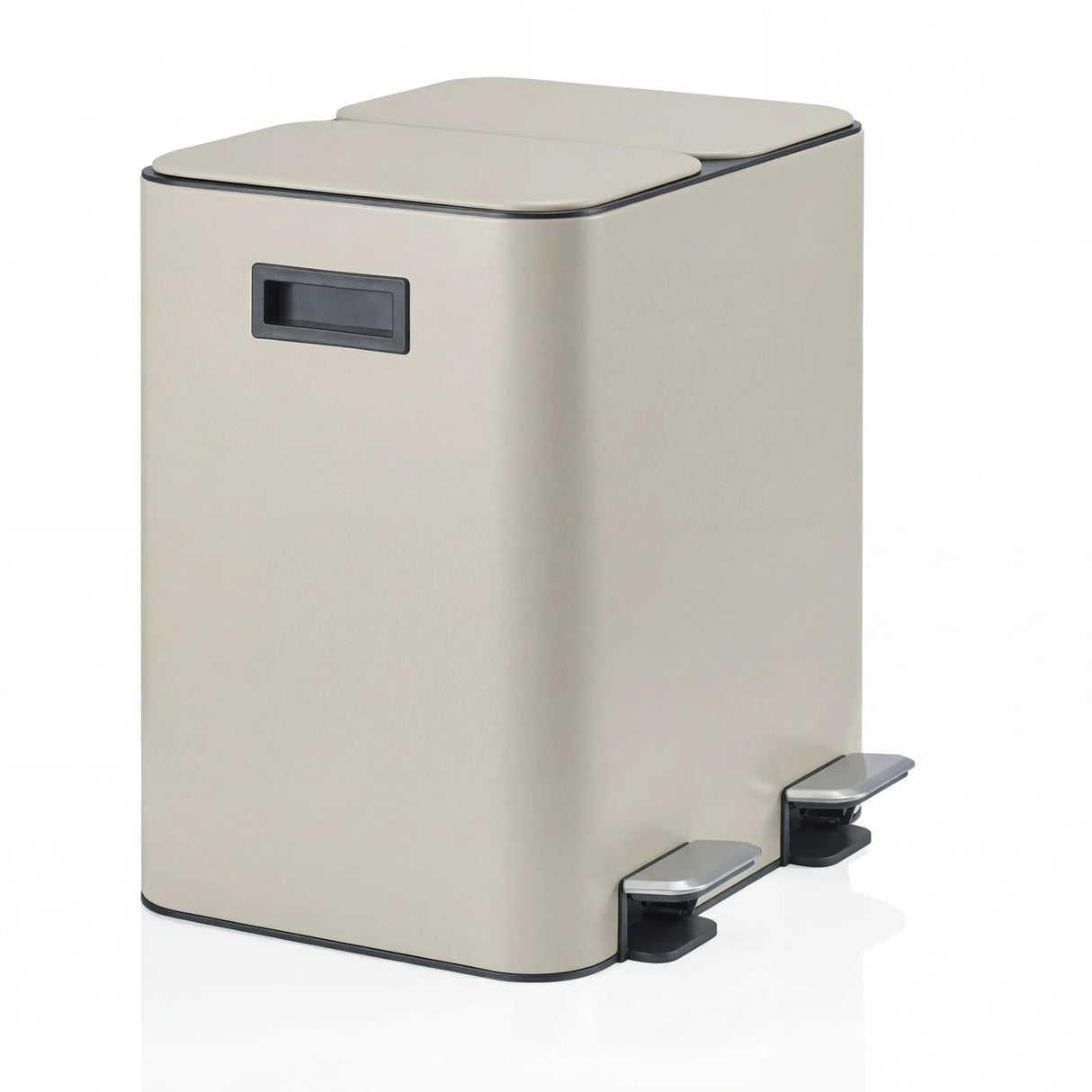 Beiger Mülleimer Clean 10 mit zwei getrennten Fächern und zwei Trittpedalen von hjh OFFICE – 360-Grad-Ansicht (schräge Frontansicht 60°)