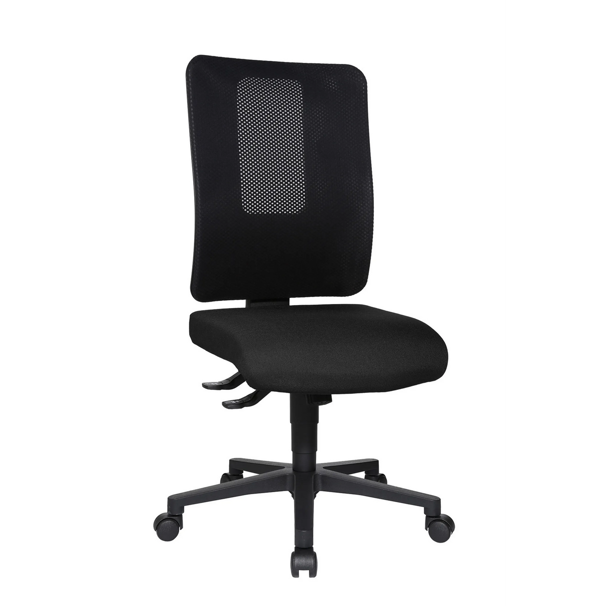 Schwarzer Profi-Bürostuhl HJH WORK BASIC mit Netzrücken und einem Fußkreuz mit fünf Rollen von Topstar – 360-Grad-Ansicht (schräge Frontansicht 60°)