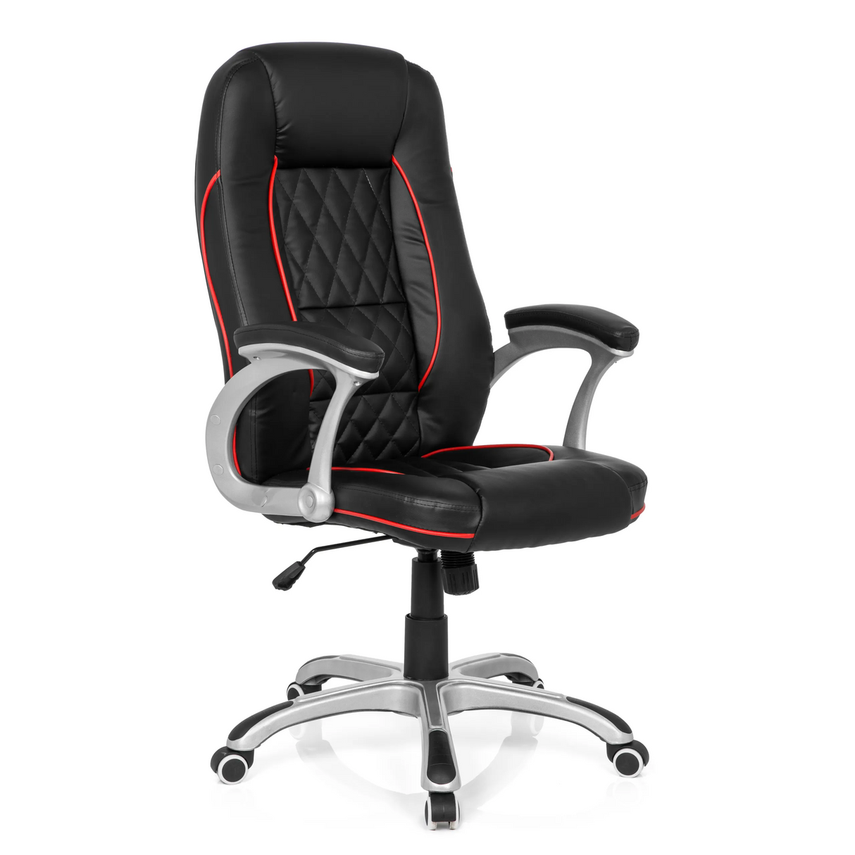 Schwarzer Gamingstuhl RELAX AB100 mit roten Ziernähten, Steppung und Fußkreuz mit fünf Rollen von MyBuero – 360-Grad-Ansicht (schräge Frontansicht 40°)