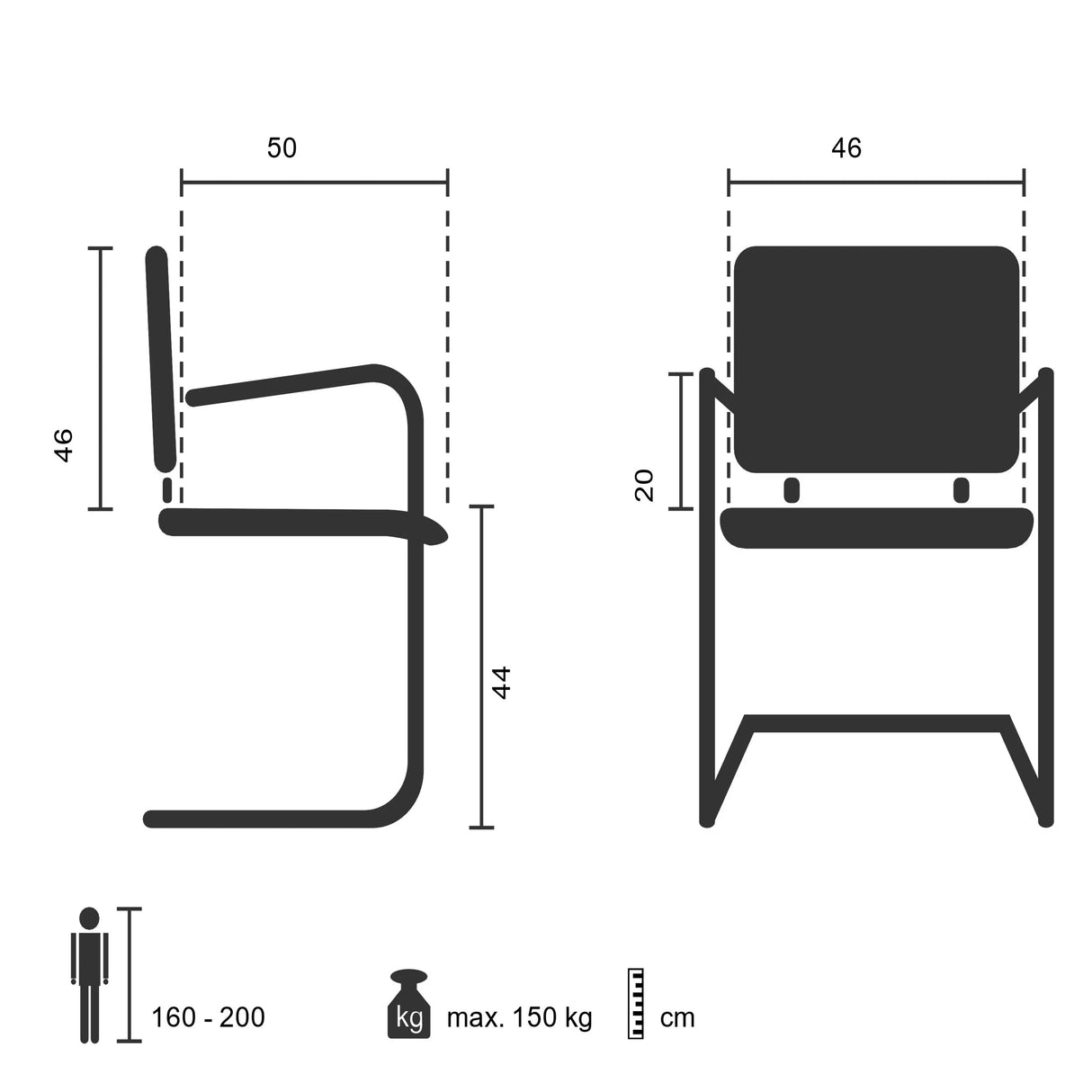 Technische Zeichnung des Freischwingers LEVIA V mit einer Sitzhöhe von 44 cm von hjh OFFICE