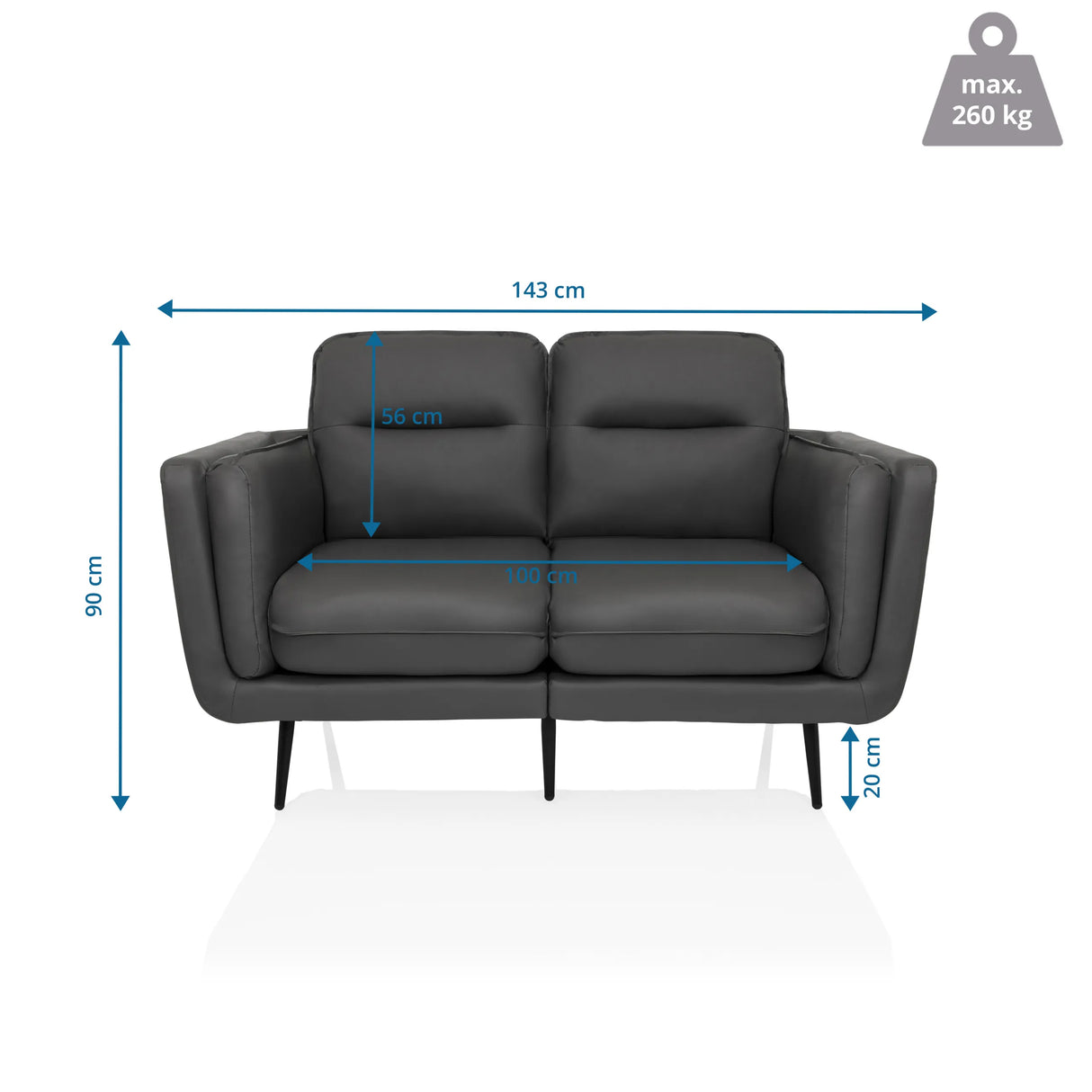 Maßzeichnung des Loungesofas VINTALUX mit einer Breite von 143 cm und einer Höhe von 90 cm von hjh LIVING