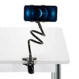 Schwarze Handy- und Tablet-Halterung FLEXMOBI mit flexiblem Schwanenhals und Tischklemme von hjh OFFICE – 360-Grad-Ansicht (Frontansicht 0°)