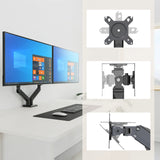 Zwei Monitore an einer schwarzen Monitorhalterung Ergomount GF2 inklusive Detailansichten der Gelenke von hjh OFFICE