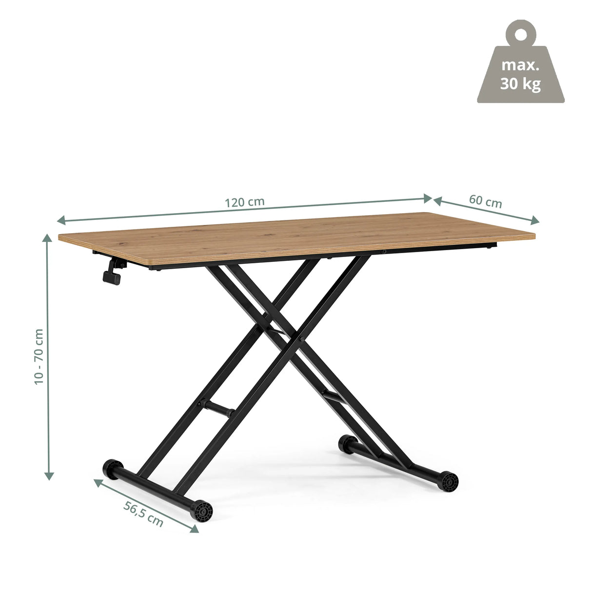 Maßzeichnung des Tisches Worktime Lift mit einer Plattenfläche von 120 × 60 cm und 30 kg Traglast von hjh OFFICE