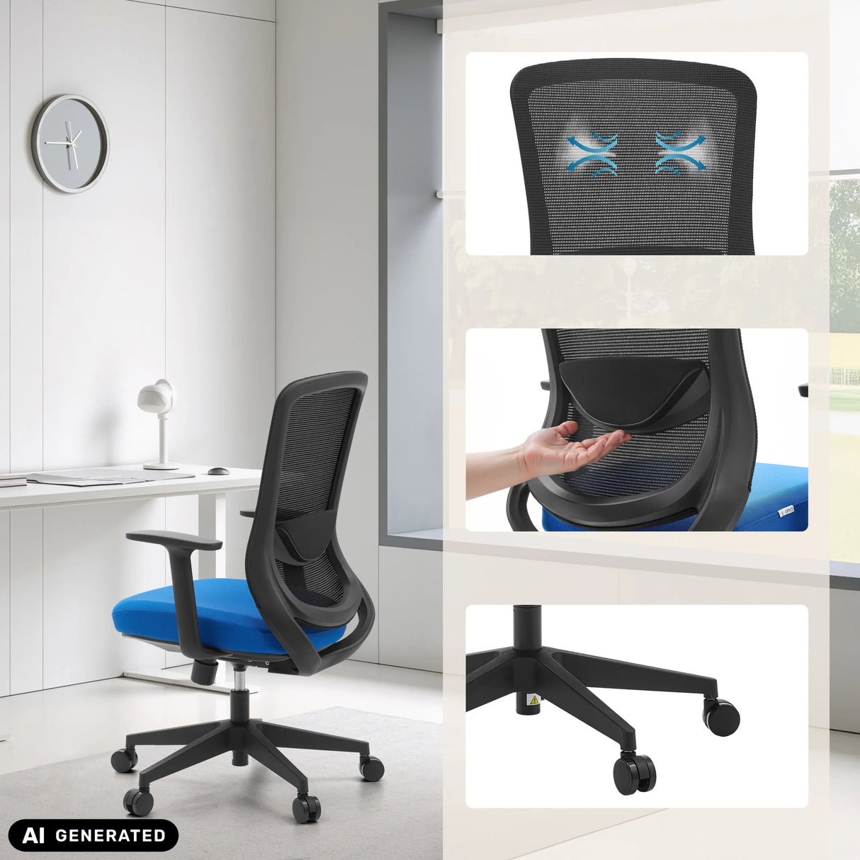 Homeoffice-Bürostuhl Sedito in Schwarz-Blau mit Lendenwirbelstütze und Rollenkreuz von hjh OFFICE (KI-generiertes Bild)