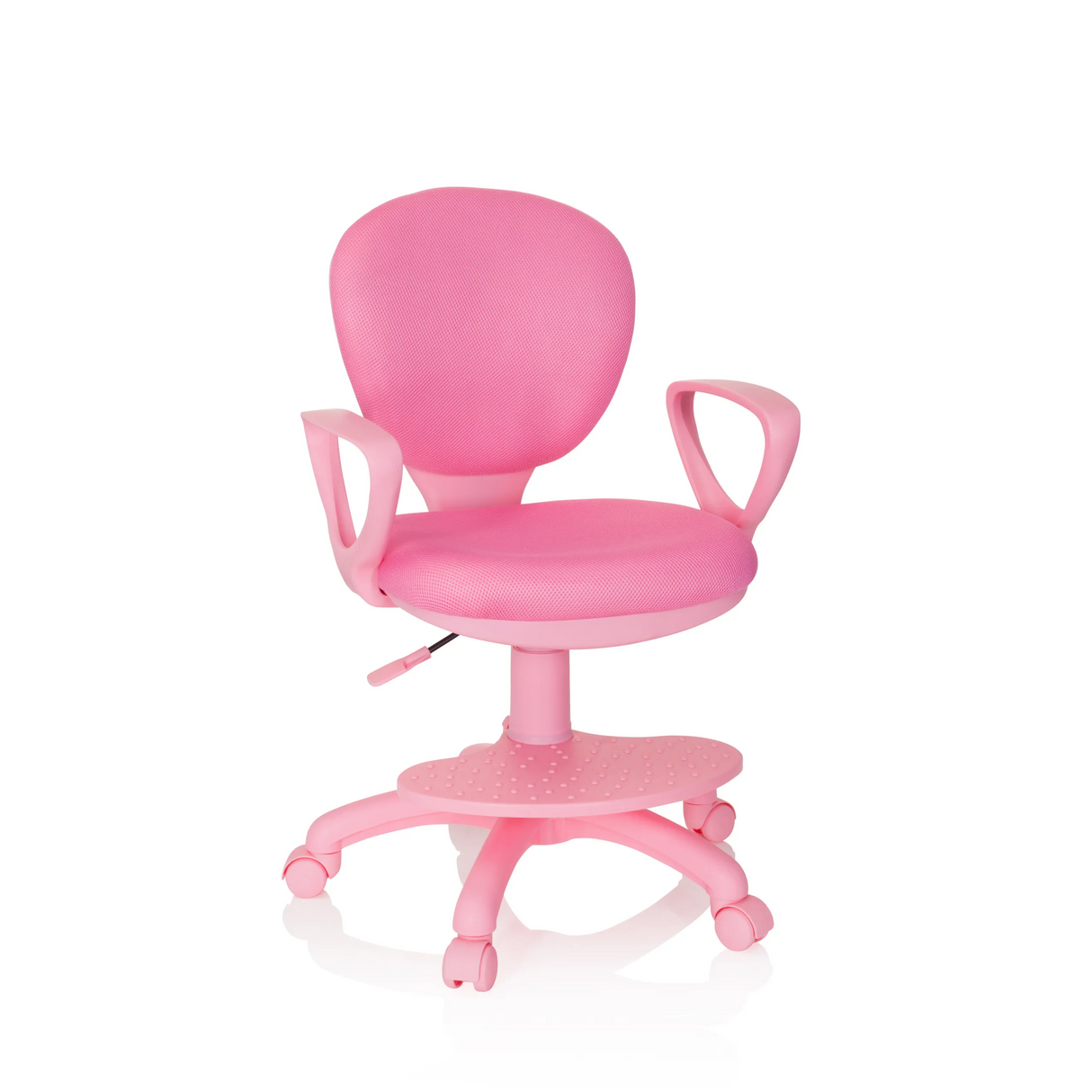 Rosa Kinderdrehstuhl KID COLOUR mit Armlehnen und Fußkreuz mit fünf Rollen von hjh OFFICE – 360-Grad-Ansicht (Frontansicht 20°)