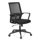 Schwarzer Home-Office-Bürostuhl PRESTON mit Netzrücken und Fußkreuz mit fünf Rollen von hjh OFFICE – 360-Grad-Ansicht (schräge Frontansicht 40°)