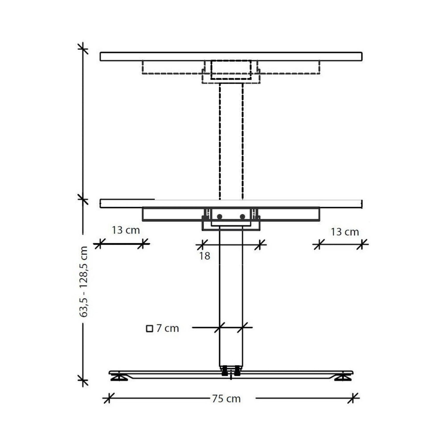Maßzeichnung des höhenverstellbaren Schreibtischs XDSM 18 G mit einer Höhe von 63,5 bis 128,5 cm von hjh OFFICE PRO