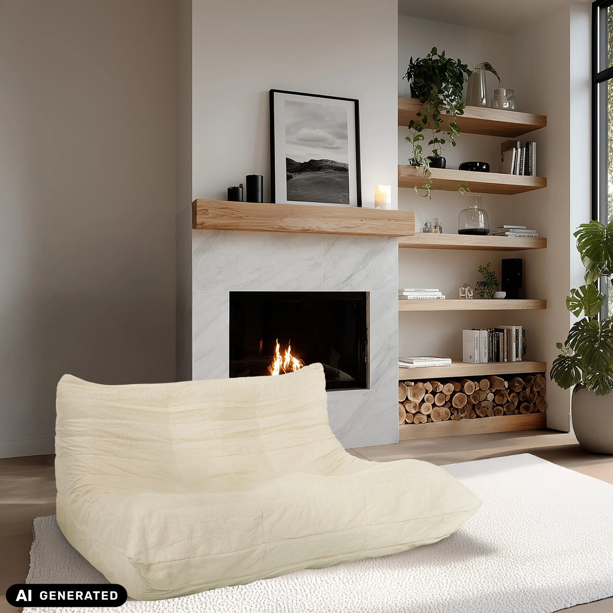 Beiger Loungesessel Sitzolo 2 vor einem Kamin von hjh LIVING (KI-generiertes Bild)