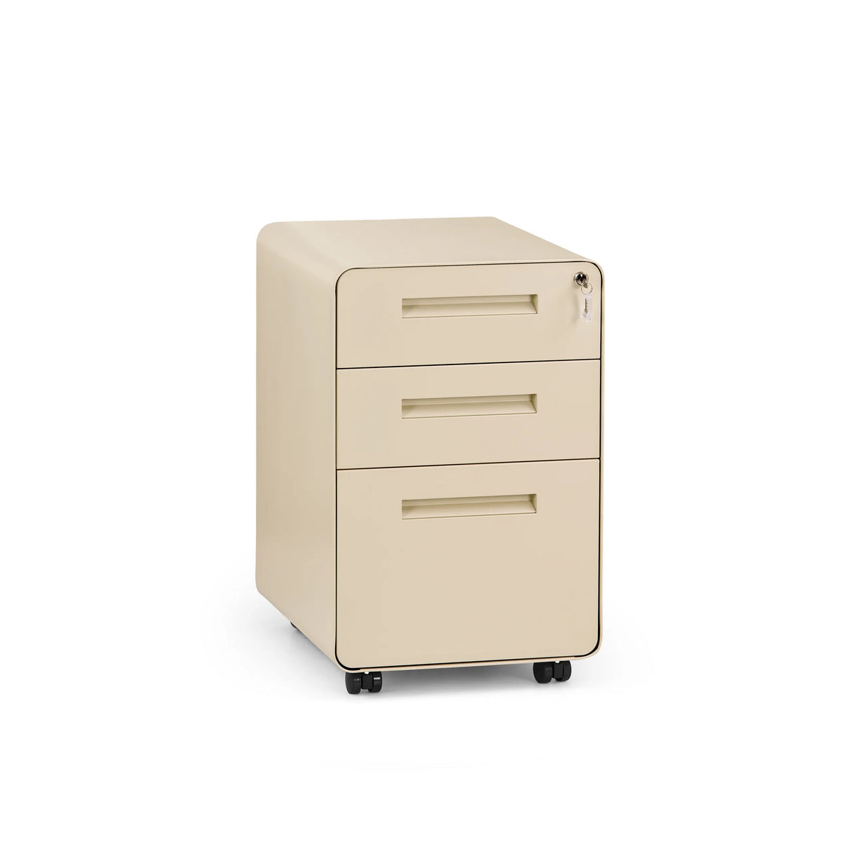 Beiger Rollcontainer COLOR PLUS I aus Metall mit drei Schubladen und vier Rollen von hjh OFFICE – 360-Grad-Ansicht (Frontansicht 15°)