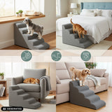 Graue Haustiertreppe PAWY STEP 5 mit drei Stufen in verschiedenen Wohnsituationen von hjh LIVING (KI-generiertes Bild)