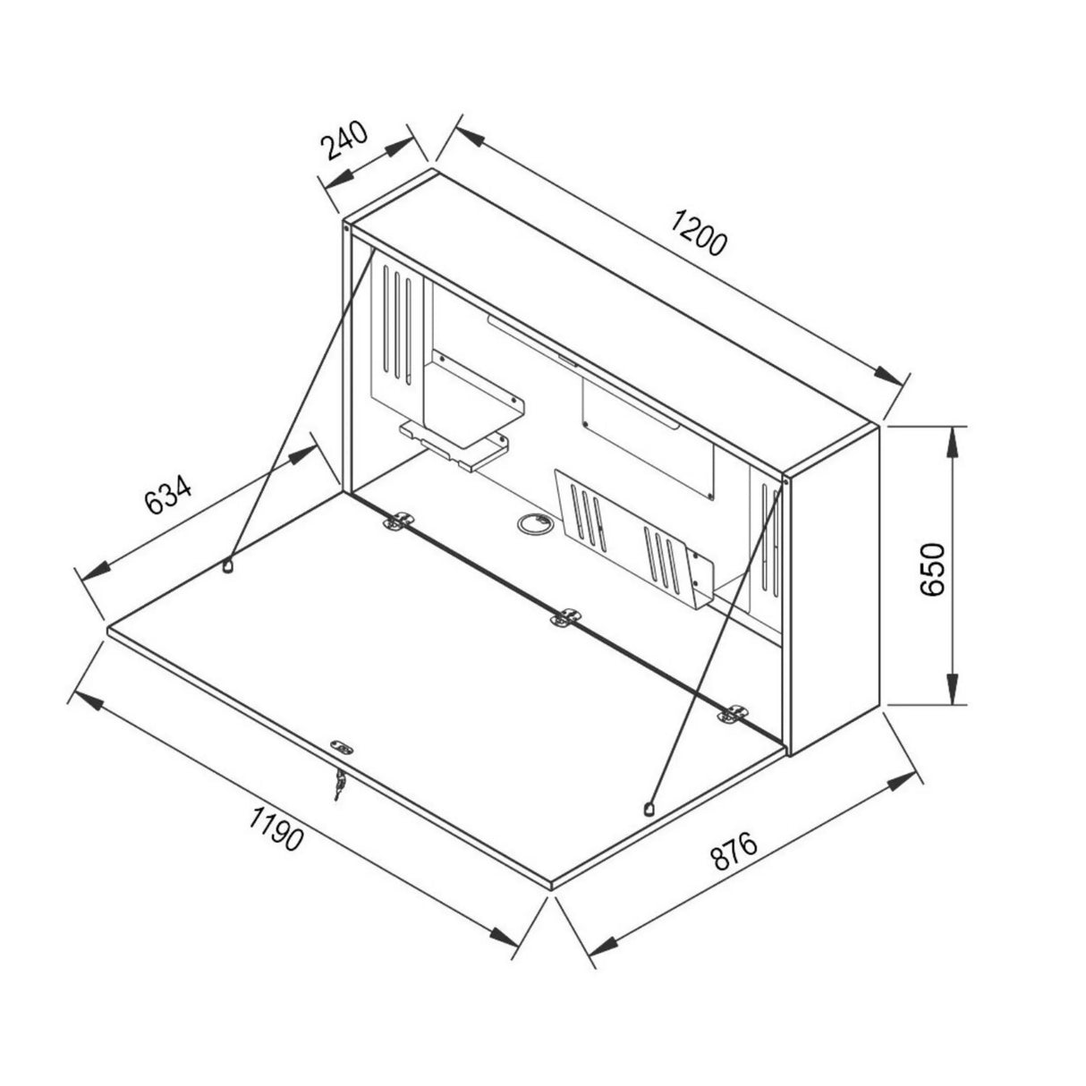 Technische Zeichnung des Wandschreibtisches WOVA mit 1200 × 650 mm von hjh OFFICE PRO