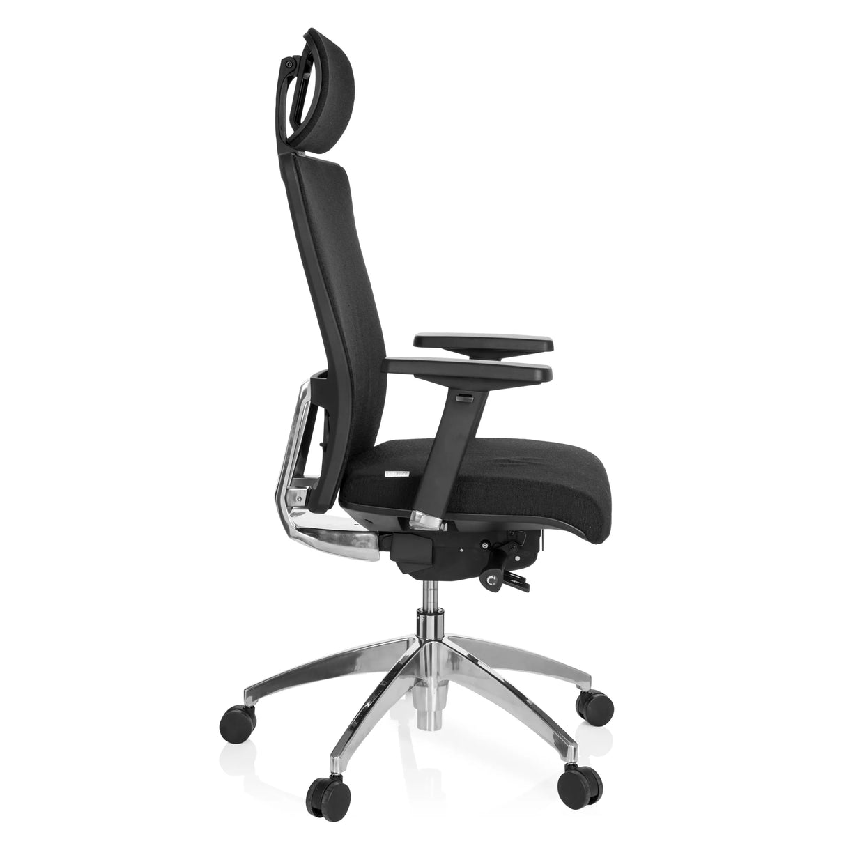 Schwarzer Profi-Bürostuhl ASTRA LUX mit Kopfstütze, Armlehnen und Fußkreuz mit fünf Rollen von hjh OFFICE – 360-Grad-Ansicht (Seitenprofil 80°)