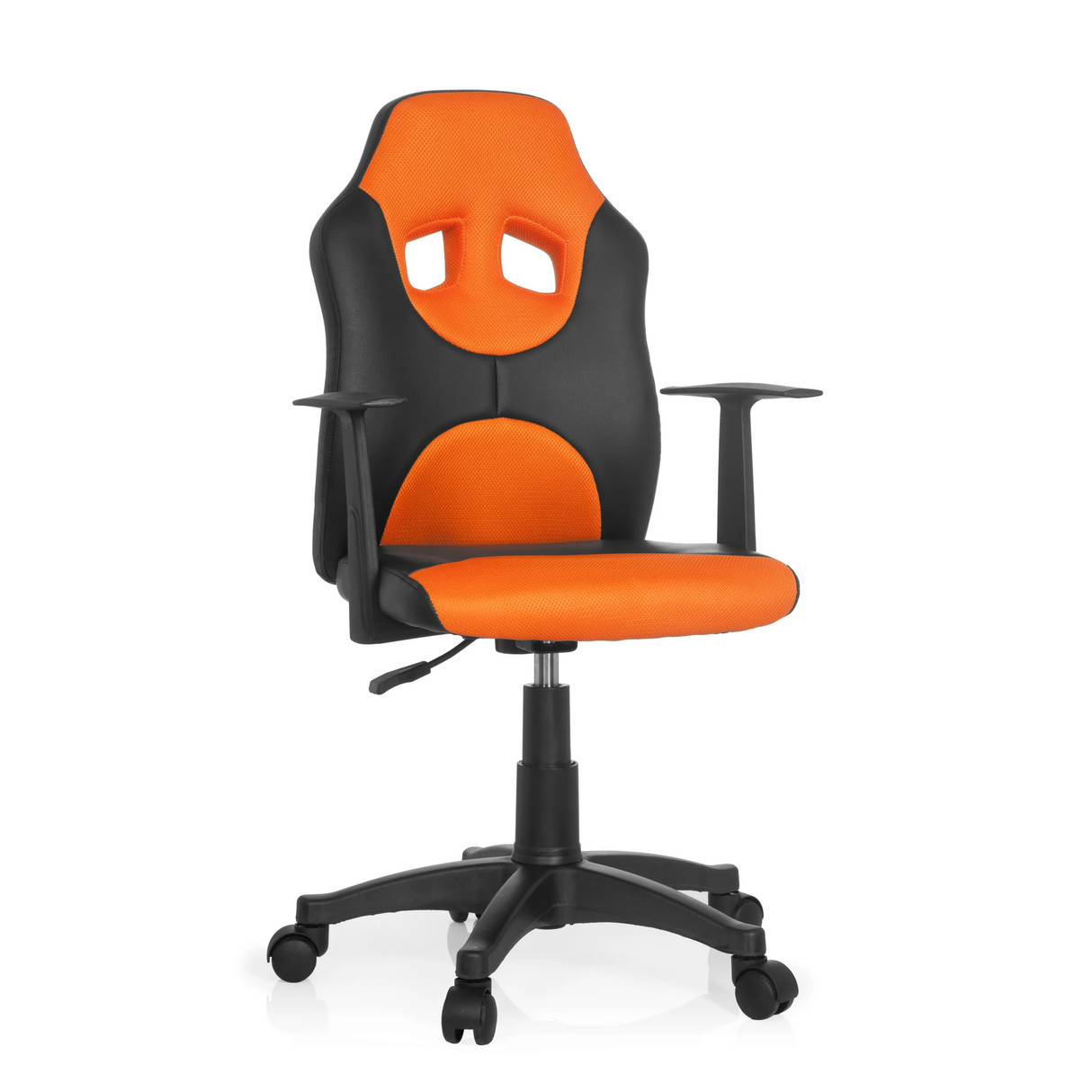 Schwarz-orangefarbener Kinderdrehstuhl KID GAME AL mit Netzrücken und Fußkreuz mit fünf Rollen von hjh OFFICE – 360-Grad-Ansicht (Frontansicht 20°)